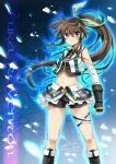  1girl artist_name black_shorts blue_eyes blush breasts brown_hair character_name closed_mouth dated elbow_gloves eyebrows_visible_through_hair fingerless_gloves fuuka_reventon gloves hair_ornament hair_ribbon highres long_hair looking_at_viewer lyrical_nanoha midriff navel ponytail ribbon san-pon shiny shiny_hair shorts sleeveless small_breasts solo standing vivid_strike! 