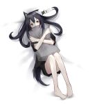  0_(znanimo) 1girl animal_ear_fluff animal_ears arknights bare_legs barefoot black_hair black_shirt black_shorts commentary covered_mouth covering_mouth curly_hair ear_piercing eyebrows_visible_through_hair full_body hair_between_eyes long_hair looking_at_viewer lying object_hug on_back orange_eyes piercing pigeon-toed pillow pillow_hug shirt shorts simple_background solo sweatdrop symbol-only_commentary tail texas_(arknights) white_background wolf_ears wolf_girl wolf_tail x_arms 