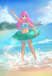  1girl aqua_blouse blouse blue_eyes collared_blouse drelouder frilled_blouse highres innertube laura_la_mer lighthouse looking_at_viewer multicolored_blouse navel ocean pearl_hair_ornament pink_hair precure sleeveless_blouse solo summer swimsuit thigh_strap thighs tropical-rouge!_precure waving 