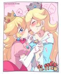  2girls ^^^ bare_shoulders blonde_hair blue_dress blue_eyes blush closed_eyes commentary_request crown dated dress earrings elbow_gloves eromame eyebrows_visible_through_hair food gloves hair_between_eyes heart holding_hands interlocked_fingers jewelry mario_(series) multiple_girls pink_dress pocky pocky_kiss princess_peach rosalina twitter_username white_gloves wide_sleeves yuri 