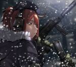  1girl absurdres beret black_headwear candy food girls&#039;_frontline gloves green_gloves gun h&amp;k_mp7 hat headphones highres holding holding_gun holding_magazine_(weapon) holding_weapon lollipop long_sleeves mp7_(girls&#039;_frontline) orange_eyes red_hair sd_bigpie solo submachine_gun suppressor tactical_clothes upper_body weapon 