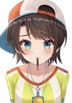  1girl absurdres aqua_eyes backwards_hat bangs baseball_cap blush brown_hair collarbone eyebrows_visible_through_hair food hat highres hisui_(user_zvkr2432) hololive jewelry looking_at_viewer mouth_hold necklace oozora_subaru pocky pocky_day pocky_kiss shirt short_hair simple_background solo striped striped_shirt swept_bangs tilted_headwear vertical-striped_shirt vertical_stripes virtual_youtuber white_background 