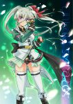  1girl artist_name black_gloves blush braid breasts character_name dated einhart_stratos eyebrows_visible_through_hair fingerless_gloves gloves green_hair hair_ornament hair_ribbon heterochromia highres large_breasts long_hair looking_at_viewer lyrical_nanoha magical_girl mahou_shoujo_lyrical_nanoha_vivid open_mouth ribbon san-pon shiny shiny_hair solo thighhighs white_legwear 