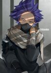  1boy artist_name bangs black_sweater boku_no_hero_academia grey_background hair_up half-closed_eyes hand_on_own_neck hand_up highres long_sleeves male_focus pouch purple_hair scarf shinsou_hitoshi short_hair sitting solo sweater tonbanlove 