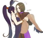  1boy 1girl animal_ears artist_name black_shirt blue_eyes blush bracelet breasts brown_hair brown_vest carrying commentary_request dragon_quest dragon_quest_xi embarrassed fake_animal_ears fishnet_legwear fishnets hand_tattoo hero_(dq11) high_heels jewelry kimidori_(kimidoriri) large_breasts leotard long_hair looking_at_another martina_(dq11) open_mouth pantyhose playboy_bunny princess_carry purple_eyes purple_footwear purple_hair purple_leotard shirt simple_background sweatdrop very_long_hair vest white_background 