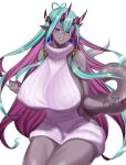  1girl absurdres aqua_hair bangs bare_shoulders blush breasts colored_skin earrings eyeliner fate/grand_order fate_(series) grey_skin grin hair_between_eyes highres horns huge_breasts ibuki_douji_(fate) jewelry long_hair looking_at_viewer makeup multicolored_hair oni oni_horns onji pink_hair pointy_ears red_eyes ribbed_sweater sideboob sidelocks sleeveless sleeveless_sweater smile solo sweater tail thighs turtleneck turtleneck_sweater 