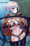  1girl angry annoyed areola_slip areolae bangs blush breasts cape clenched_teeth commission eyewear_view glasses large_breasts lingerie lobotomy_corporation looking_at_viewer myo_(lobotomy_corporation) navel rabbit_team red_eyes sakurai_energy short_hair silver_hair skeb_commission skindentation solo standing teeth underwear white_hair x-ray_glasses x-ray_vision 