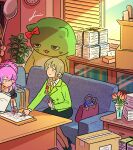  2girls clock couch cropped green_jacket highres holding holding_pen idolmaster idolmaster_cinderella_girls indoors jacket jennie_congee jougasaki_mika light_smile looking_at_another looking_at_object multiple_girls office office_lady ok_sign on_couch pantyhose pen pina_korata plant pointing ponytail senkawa_chihiro side_ponytail sitting stuffed_toy sunlight table 