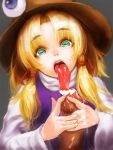 1boy 1girl alternate_eye_color axe_r18 bangs blonde_hair brown_headwear censored commentary eyebrows_visible_through_hair fellatio flat_chest green_eyes hair_ribbon hands_on_penis hat heart heart_censor hetero long_hair long_sleeves long_tongue looking_at_viewer moriya_suwako open_mouth oral parted_bangs penis pov purple_vest red_ribbon ribbon shirt simple_background solo_focus tongue touhou turtleneck upper_body vest white_shirt wide_sleeves 