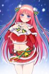  1girl :&gt; absurdres bangs bare_legs bell blue_eyes blunt_bangs blush breasts capelet christmas christmas_tree_hair_ornament cleavage go-toubun_no_hanayome hair_ornament heart heart_hands highres hime_cut kurosaki_coco large_breasts long_hair long_sleeves looking_at_viewer midriff nail_polish nakano_nino navel pink_hair red_capelet red_nails red_skirt ribbon simple_background skirt snowing solo stomach 