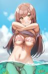  1girl :d absurdres bangs bikini blue_sky blush breasts brown_hair cleavage clothes_lift cloud clownfish cowboy_shot day eyebrows_visible_through_hair front-tie_bikini front-tie_top grin groin head_tilt highres idolmaster idolmaster_shiny_colors large_breasts lifted_by_self long_hair looking_at_viewer navel oosaki_amana outdoors parted_lips pink_bikini shirt shirt_lift side-tie_bikini sky smile solo stomach string_bikini swept_bangs swimsuit underboob wading wanimaru wardrobe_malfunction water wet white_shirt yellow_eyes 