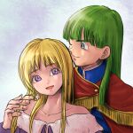  1boy 1girl :d bare_shoulders blonde_hair blue_eyes blue_jacket cape chinyan collarbone couple cross cross_earrings dragon_quest dragon_quest_v dress earrings green_hair hand_on_another&#039;s_shoulder henry_(dq5) hetero highres jacket jewelry long_hair maria_(dq5) off-shoulder_dress off_shoulder purple_dress purple_eyes red_cape smile 