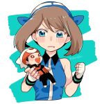  1girl bangs blue_bandana blue_eyes blue_shirt blush brendan_(pokemon) brown_hair character_doll clenched_hand closed_mouth collared_shirt commentary_request doll fang fang_out fingerless_gloves gloves hands_up holding holding_doll looking_down may_(pokemon) medium_hair pokemon pokemon_adventures shirou_(shiro_uzr) shirt sleeveless sleeveless_shirt solo sweatdrop upper_body white_gloves 