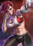  1girl abs arcane:_league_of_legends blue_eyes breasts cleavage dandon_fuga facial_tattoo highres horizontal_stripes incoming_attack incoming_punch league_of_legends muscular muscular_female navel pants pink_hair punching serious shadowboxing solo sports_bra stomach striped striped_pants tattoo torn_clothes vi_(league_of_legends) wrist_wrap 