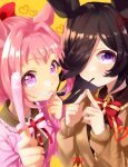  2girls animal_ears artist_logo bangs bow brown_hair brown_sweater commentary_request flower-shaped_pupils food food_in_mouth hair_bow hair_intakes haru_urara_(umamusume) heart highres holding holding_food horse_ears index_fingers_together long_hair looking_at_viewer multiple_girls pink_hair pink_shirt pocky_day ponzu_(rrrritisu) purple_eyes rice_shower_(umamusume) shirt smile sweater symbol-shaped_pupils teeth teeth_hold umamusume upper_body yellow_background 
