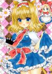  adapted_costume alice_margatroid animal_ears apron ascot blonde_hair blue_dress blue_eyes blush bow capelet cat_ears cat_tail cowboy_shot doll dress frilled_ascot frilled_dress frilled_sash frills hair_bow hairband holding holding_clothes holding_dress lolita_hairband minigirl open_mouth puffy_short_sleeves puffy_sleeves red_hairband red_neckwear red_sash sash shanghai_doll short_hair short_sleeves strapless strapless_dress tail tail_bow tail_ornament touhou traditional_media waist_apron zenra1112 