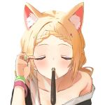  1girl aki_rosenthal animal_ear_fluff animal_ears bangs bare_shoulders blonde_hair blush braid closed_eyes collarbone extra_ears facing_viewer fingernails food green_nails hololive incoming_pocky_kiss mouth_hold nail_polish pocky pocky_day pov solo transparent_background twin_(tt_lsh) virtual_youtuber 