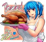  1girl apron bare_shoulders breasts dress erkaz eyebrows_visible_through_hair food fruit gloves hands_up highres huge_breasts lemon milestone_celebration open_mouth original outline pink_dress pink_gloves plate red_eyes rina_atherina smile solo strapless strapless_dress turkey_(food) twintails upper_body white_apron white_outline 
