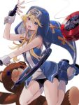  1boy :d bike_shorts black_gloves black_shorts blonde_hair blue_eyes blue_vest blush bridget_(guilty_gear) fingerless_gloves full_body gloves guilty_gear highres long_hair looking_at_viewer male_focus nun open_mouth otoko_no_ko short_hair_with_long_locks shorts smile stuffed_animal stuffed_toy teddy_bear teeth tyuraba upper_teeth vest yo-yo 