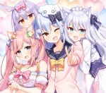  1boy 3girls :d ;d animal_ear_fluff animal_ears blue_hair blush cat_ears dog_ears enomiya_milk fang hair_ornament highres himesaki_yuzuru inuyama_tamaki looking_at_viewer multiple_girls noripro one_eye_closed open_mouth otoko_no_ko pink_hair purple_hair rabbit_ears shirayuki_mishiro silver_hair smile star_(symbol) star_hair_ornament upper_body uruha_(yw1109) v 