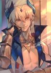  1boy bare_pectorals blonde_hair earrings fate/grand_order fate_(series) gauntlets gilgamesh_(caster)_(fate) gilgamesh_(fate) hand_on_own_face horns hungry_clicker jewelry male_focus pectorals red_eyes short_hair sitting smile solo turban vest 