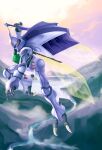  absurdres dunbine fantasy flying highres holding holding_sword holding_weapon insect_wings lake mecha mountain no_humans open_hand red_eyes seisenshi_dunbine solo strictly_mecha sword unfinished weapon wings 