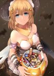 2girls absurdres artist_request bangs bare_shoulders blonde_hair blue_eyes breasts cleavage closed_mouth commission constellation_print eyebrows_visible_through_hair fal_(girls&#039;_frontline) fnc_(girls&#039;_frontline) giant giantess girls&#039;_frontline hair_between_eyes hair_ornament hair_ribbon hairclip halloween halloween_bucket halloween_costume happy_halloween hat highres long_hair looking_at_viewer medium_breasts multiple_girls open_mouth print_headwear ribbon scarf simple_background smile wings yellow_scarf 