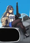  1girl aircraft airplane bangs bare_shoulders black_hair blush breasts crossed_legs detached_sleeves f-100 girls&#039;_frontline gloves gun hair_flaps highres jet kion-kun large_breasts long_hair mole mole_under_eye pantyhose pleated_skirt rifle shoes sidelocks sitting skirt sleeveless smile sniper_rifle solo super_sass super_sass_(girls&#039;_frontline) thighs very_long_hair weapon 