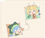  &gt;_&lt; 2girls apron armor blonde_hair blue_hair blush chibi closed_eyes double_bun dress green_apron green_headwear hair_ribbon haniwa_(statue) haniyasushin_keiki head_scarf japanese_armor joutouguu_mayumi long_hair multiple_girls open_mouth ribbon ruichi_fox short_hair single_strap string_phone touhou vambraces white_ribbon yellow_dress 