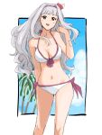  1girl :d annko arm_at_side arm_behind_back bangs bare_arms bare_legs bare_shoulders bikini blue_sky border breasts brown_eyes cleavage cloud collarbone commentary day feet_out_of_frame flower grey_hair hair_flower hair_intakes hair_ornament hairband halter_top halterneck hand_up head_tilt highres idolmaster idolmaster_(classic) legs_apart long_hair looking_at_viewer medium_breasts midriff navel open_mouth outdoors outside_border palm_tree pink_flower pink_hairband pink_ribbon ribbon shijou_takane side-tie_bikini silver_hair sky smile solo standing swimsuit tree very_long_hair wavy_hair white_bikini white_border 