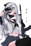  1girl absurdres ak-12 ak-12_(girls&#039;_frontline) alternate_costume assault_rifle black_gloves black_legwear blue_eyes character_name fingerless_gloves girls&#039;_frontline gloves grey_skirt gun highres holding holding_gun holding_weapon kalashnikov_rifle long_hair looking_at_viewer mask midriff mouth_mask navel neckerchief pleated_skirt rifle sailor_collar school_uniform serafuku silver_hair simple_background skirt solo sunny721 thighhighs weapon white_background zettai_ryouiki 