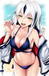  1girl beach bikini black_bikini breasts claw_pose fate/grand_order fate_(series) fingernails green_eyes jacket long_hair medium_breasts nagao_kagetora_(fate) nagishy navel ocean swimsuit tri_braids white_hair white_jacket 