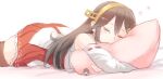  2girls black_hair breasts closed_eyes fairy_(kancolle) giant giantess hair_ornament hairclip haruna_(kancolle) headgear holding holding_pillow kantai_collection large_breasts long_hair lying multiple_girls nontraditional_miko on_stomach pillow red_skirt remodel_(kantai_collection) ribbon-trimmed_skirt ribbon-trimmed_sleeves ribbon_trim sidelocks size_difference skirt sleeping utopia 