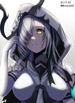  1girl abyssal_ship bangs bodysuit breasts dated dual_persona entombed_air_defense_guardian_princess hachiware_(8ware63) hair_over_one_eye highres hood hood_up kantai_collection large_breasts neckerchief one-hour_drawing_challenge parted_lips sailor_collar school_uniform serafuku silver_hair simple_background solo suzutsuki_(kancolle) twitter_username upper_body white_bodysuit yellow_eyes 