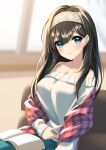  1girl aqua_eyes bare_shoulders black_hair blurry blurry_background blush book book_on_lap breasts couch depth_of_field eyebrows_visible_through_hair hair_between_eyes hairband highres idolmaster idolmaster_cinderella_girls indoors large_breasts long_sleeves looking_at_viewer off-shoulder_sweater off_shoulder on_couch parted_lips plaid_shawl sagisawa_fumika shawl sitting smile solo straight_hair sweater v3assalut window 