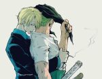  2boys bandana biting biting_clothes blonde_hair bruise cigarette couple from_side green_hair hug hug_from_behind injury male_focus multiple_boys one_piece pra_(prapon0904) roronoa_zoro sanji sheath sheathed shirt short_hair sideburns toned toned_male torn_clothes torn_shirt upper_body white_shirt yaoi 