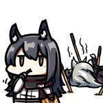  2girls animal_ears arknights black_hair brown_eyes chibi eating food food_in_mouth holding holding_food jacket kagami_kino lappland_(arknights) long_hair multicolored_clothes multicolored_jacket multiple_girls planted planted_sword pocky pocky_day silver_hair simple_background sword texas_(arknights) thumbs_up two-tone_jacket weapon white_background wolf_ears wolf_girl 
