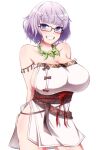  1girl arms_behind_back blue_eyes breasts cosplay fate/grand_order fate_(series) glasses grey_hair grin highres himiko_(fate) himiko_(fate)_(cosplay) jacques_de_molay_(foreigner)_(fate) large_breasts magatama magatama_necklace sideboob smile sotomichi white_background 