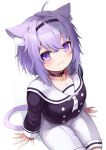  1girl :3 ahoge animal_ear_fluff animal_ears bangs black_choker black_hairband black_shirt blush cat_ears cat_girl cat_tail choker closed_mouth commentary_request eyebrows_visible_through_hair from_above hair_between_eyes hairband highres hololive hototogisu_(hot_to_gis) long_sleeves looking_at_viewer looking_up neckerchief nekomata_okayu purple_hair sailor_collar shirt short_hair simple_background solo tail virtual_youtuber white_background white_footwear white_neckerchief white_sailor_collar 