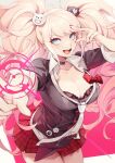  1girl :d bangs bear_hair_ornament black_bra black_necktie black_shirt blonde_hair blue_eyes bow bra breasts buttons cleavage danganronpa:_trigger_happy_havoc danganronpa_(series) enoshima_junko hair_ornament highres large_breasts long_hair looking_at_viewer nail_polish necktie no-kan pink_background plaid plaid_skirt pointing red_bow red_nails red_skirt shirt skirt sleeves_rolled_up smile solo teeth twintails underwear upper_teeth white_background white_necktie 