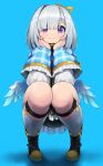  1girl amane_kanata angel_wings bangs black_footwear blue_background blue_legwear blush boots closed_mouth commentary frills full_body hair_over_one_eye hands_on_own_cheeks hands_on_own_face head_rest highres hololive hototogisu_(hot_to_gis) kneehighs knees_together_feet_apart long_sleeves looking_at_viewer purple_eyes short_hair silver_hair simple_background smile sock_garters solo squatting turtleneck virtual_youtuber wings 