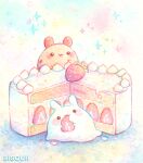  :3 animal artist_name bisquii bunny cake candy chipi eating food fruit holding holding_food mu multicolored_background no_humans open_mouth original painting_(medium) sparkle strawberry strawberry_shortcake sweets traditional_media watercolor_(medium) whipped_cream 