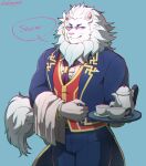  1boy animal_ears bara blue_suit butler feet_out_of_frame furry furry_male holding holding_tray lion_boy lion_ears looking_at_viewer male_focus medium_hair muscular muscular_male necktie pectorals shochu_(knktru777) smile snow_(housamo) solo tokyo_afterschool_summoners tray white_hair 