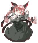  1girl animal_ears bangs black_bow black_neckwear bow braid cat_ears cat_tail commentary_request dress extra_ears frilled_dress frilled_sleeves frills green_dress hair_bow juliet_sleeves kaenbyou_rin konabetate long_hair long_sleeves multiple_tails neck_ribbon nekomata paw_pose pointy_ears puffy_sleeves red_eyes red_hair ribbon simple_background solo tail touhou twin_braids white_background 