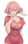  1girl arm_behind_back breasts clothes_writing collarbone commentary_request cum eyebrows_visible_through_hair facial frenchvanillu genshin_impact green_eyes hair_ornament highres medium_breasts one_eye_closed open_mouth pink_hair red_shirt shirt short_sleeves simple_background solo t-shirt teeth upper_teeth white_background yanfei_(genshin_impact) 