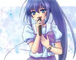  1girl :d blue_eyes blue_hair bow hair_between_eyes hand_up hayase_mitsuki holding holding_microphone jewelry kimi_ga_nozomu_eien long_hair microphone music ponytail purple_bow purple_skirt ring short_sleeves simple_background singing skirt smile smrtw_(world) solo upper_body watch wristwatch 