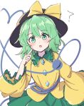  1girl ? bangs black_headwear collared_shirt commentary eyeball eyebrows_visible_through_hair finger_to_face frilled_shirt_collar frilled_sleeves frills green_eyes green_hair green_skirt hair_between_eyes hat hat_ribbon heart heart_of_string highres komeiji_koishi long_sleeves looking_at_viewer medium_hair mizukena_(pokesun) open_mouth ribbon shirt simple_background skirt solo third_eye touhou wavy_hair white_background wide_sleeves yellow_ribbon yellow_shirt 