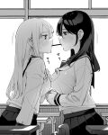 2girls bangs blush breasts byte_(allbyte) commentary desk eye_contact food greyscale highres indoors large_breasts long_hair looking_at_another medium_breasts monochrome mouth_hold multiple_girls original pleated_skirt pocky pocky_day pocky_kiss school_desk school_uniform serafuku sidelocks skirt standing sweat window yuri 
