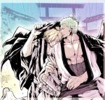 2boys alternate_hairstyle blonde_hair couple earrings feet_out_of_frame green_hair head_on_another&#039;s_shoulder jacket jacket_on_shoulders japanese_clothes jewelry kimono male_focus multiple_boys official_alternate_costume one_piece pectoral_cleavage pectorals pra_(prapon0904) rain roronoa_zoro sanji scar scar_on_chest sheath sheathed short_hair sideburns single_earring striped striped_kimono toned toned_male wet yaoi 