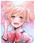  1girl :d absurdres bangs blonde_hair blue_sky blurry blurry_background blush border bow bowtie cherry_blossoms collared_shirt commentary daiba_nana day eyebrows_visible_through_hair falling_petals green_eyes green_ribbon grey_jacket hair_ribbon hand_in_hair hand_up highres jacket long_sleeves looking_at_viewer open_clothes open_jacket open_mouth outdoors outside_border petals red_bow red_bowtie ribbon school_uniform seishou_music_academy_uniform shirt short_twintails shoujo_kageki_revue_starlight sky smile solo tareko teeth twintails upper_body upper_teeth white_border white_shirt 